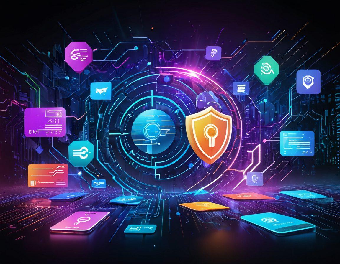 A futuristic digital landscape showcasing various secure payment transactions flowing seamlessly through high-tech platforms. Include elements like encrypted data streams, shield icons representing security, and a central logo of ChronoPay shining brightly. The background features abstract representations of diverse currencies and payment forms, symbolizing global reach. Capture a sense of innovation and trust. cyberpunk. vibrant colors. super-realistic.