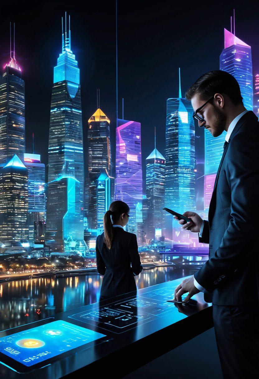 A futuristic cityscape showcasing diverse payment methods, featuring digital coins, credit cards, and mobile payment interfaces. In the foreground, a businessperson examining a holographic interface displaying Cryptocurrencies and B2B options. The background illustrates a seamless blend of technology and finance, with neon lights and skyscrapers. The sky transitions from day to night, symbolizing the evolution of payment solutions. vibrant colors. cyberpunk.